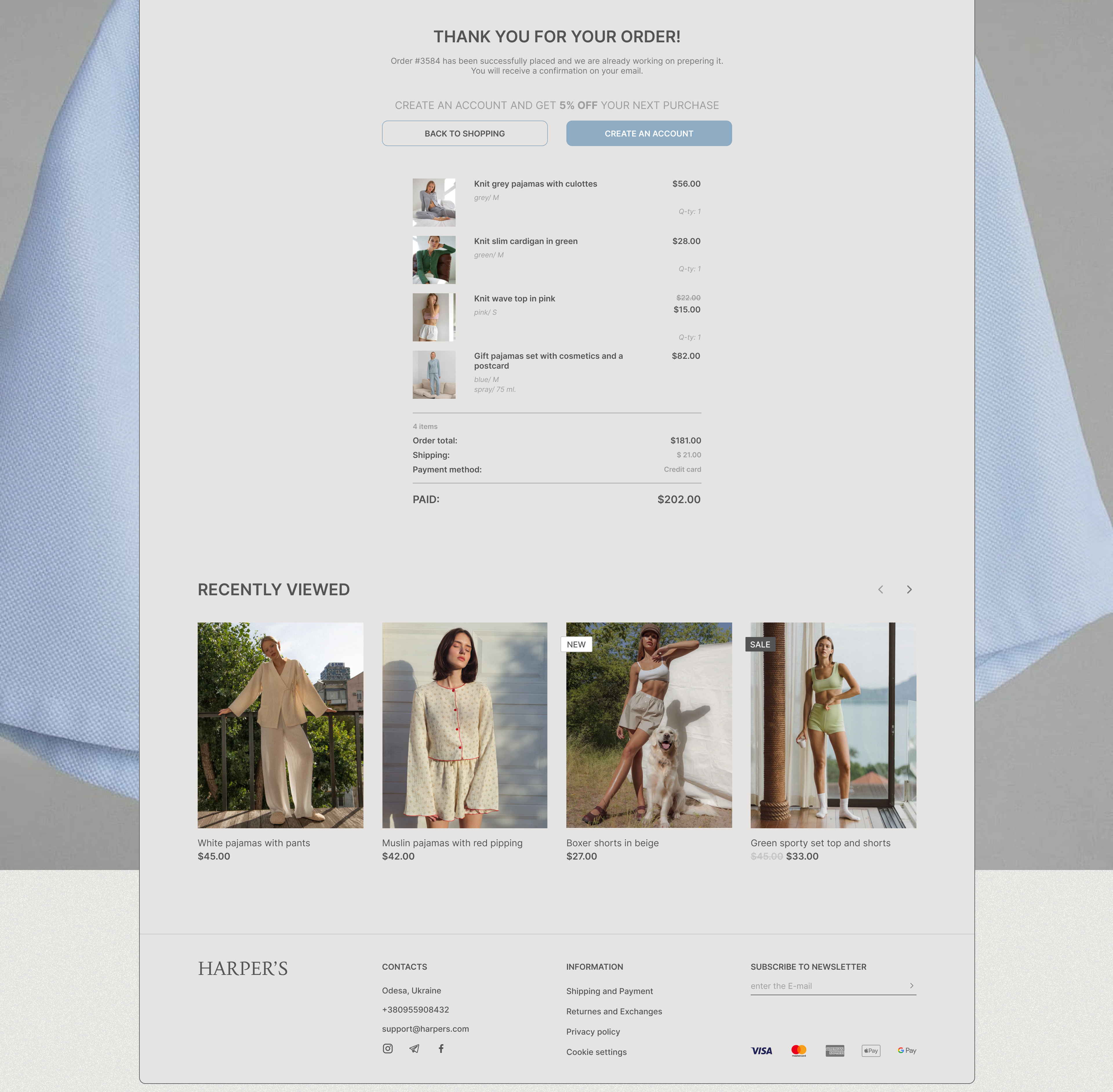 he image shows an online shopping order confirmation page from a clothing brand called "harper's".  the page displays a thank you message, order details (including items purchased, total cost, shipping, and payment method), and a 5% discount offer for creating an account. the page also features recently viewed items, contact information, and links to the store's privacy policy and newsletter signup.  payment options like visa, mastercard, and paypal are displayed at the bottom. the overall design is clean and minimalist with a light color scheme.