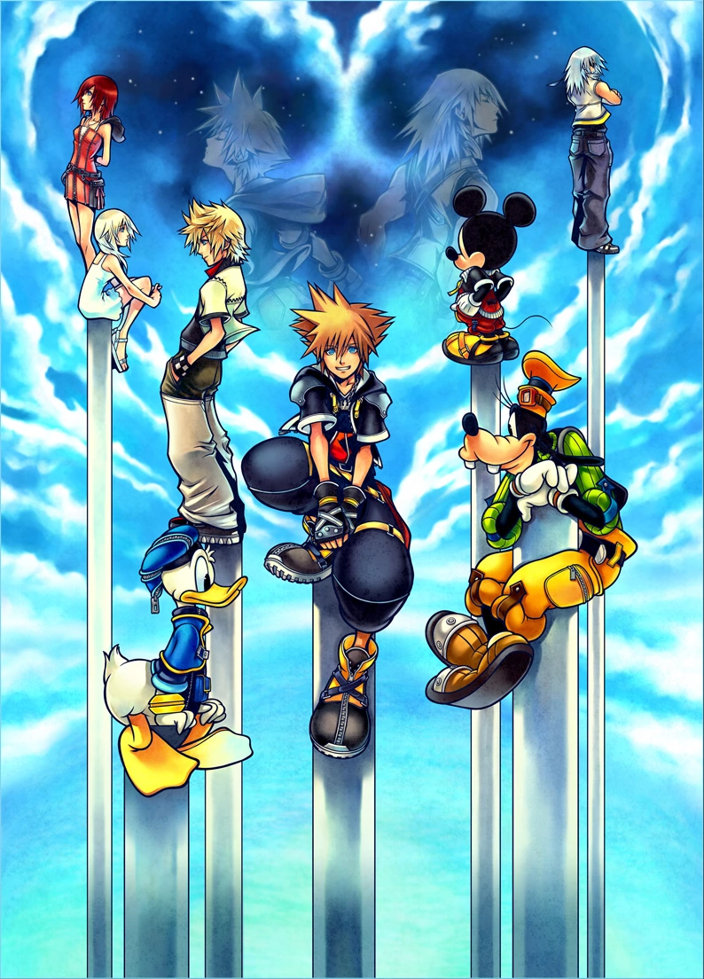 this image is a promotional artwork for the video game series kingdom hearts. it features the main characters sora, riku, and kairi, along with other prominent characters such as roxas, naminé, mickey mouse, donald duck, and goofy. they are standing and sitting on tall white pillars that seem to extend endlessly upwards against a backdrop of a swirling blue and white sky.  the overall atmosphere is dreamlike and magical, typical of the series' aesthetic.