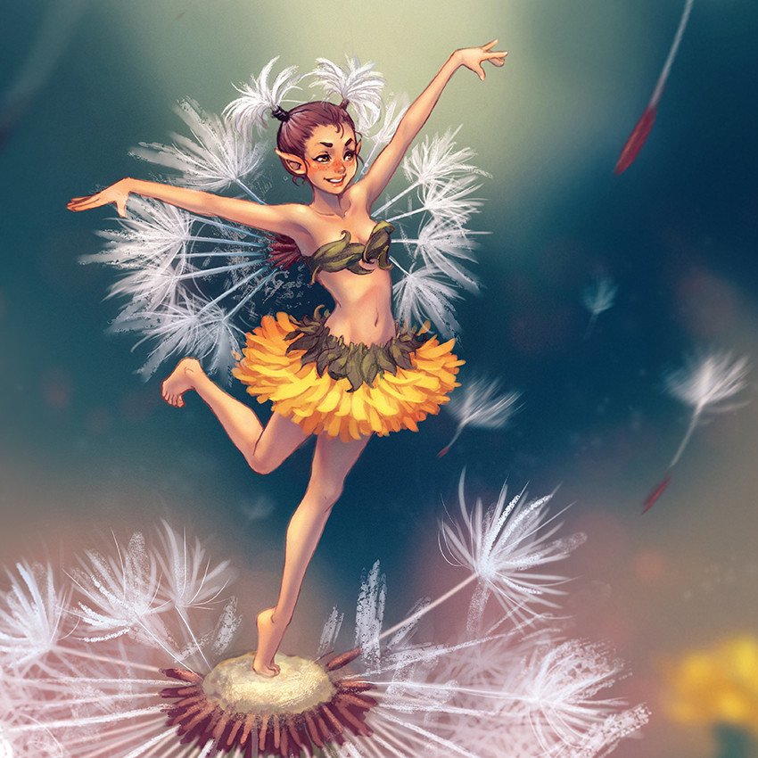 the image is a digital painting of a whimsical fairy. she has light brown skin and hair styled in two small buns.  she's wearing a costume made from a sunflower, its petals forming a skirt and leaves providing a waist belt. the fairy's wings, or perhaps simply decorative elements, are composed of dandelion fluff. she is depicted middance, one leg slightly raised, on top of a dandelion seed head which is surrounded by more dandelion seeds drifting in the air. the background is a soft, muted teal with hints of brown, creating a magical and ethereal atmosphere. the overall style is soft, light and dreamlike.