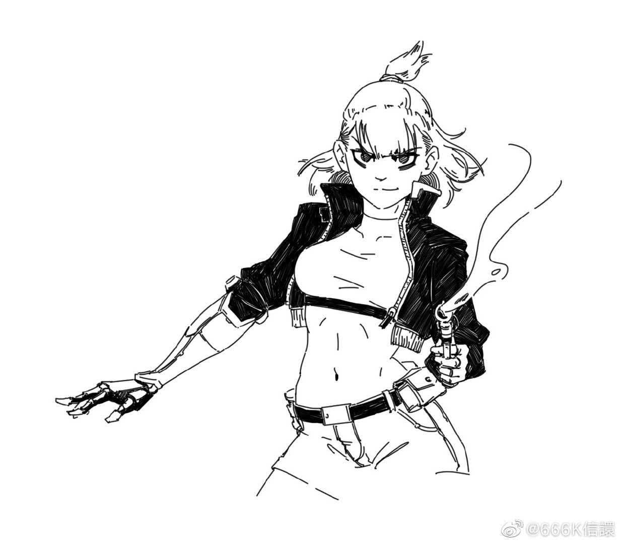 the image is a black and white, stylized ink drawing of a young woman with a cyberpunk aesthetic. she has short, slightly messy hair pulled back in a loose ponytail, and is depicted wearing a cropped top, a dark jacket, and pants, with a belt. one of her arms appears to be partially cybernetic. she is holding a gun or similar device in her hand, and smoke is curling from it or her surroundings. the overall style is reminiscent of anime and manga, with dynamic lines and a focus on character expression. the woman's posture and expression convey a sense of confidence, strength, and perhaps even rebellion. the background is plain white, making the figure the sole focus.