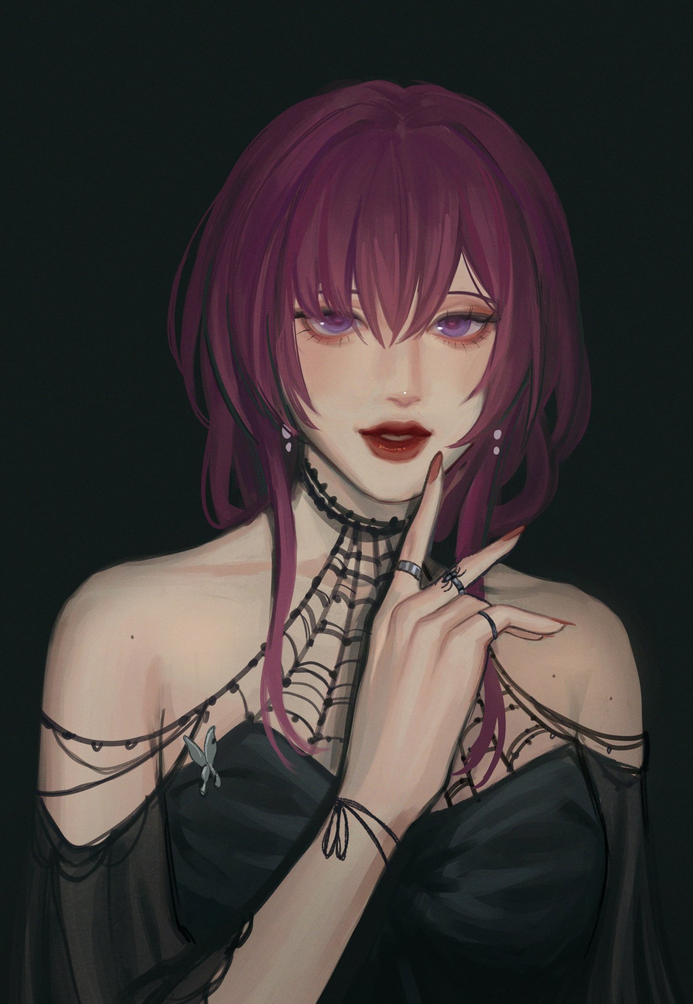 a close up portrait of a girl with long purple hair wearing a black dress with a spider web pattern. she