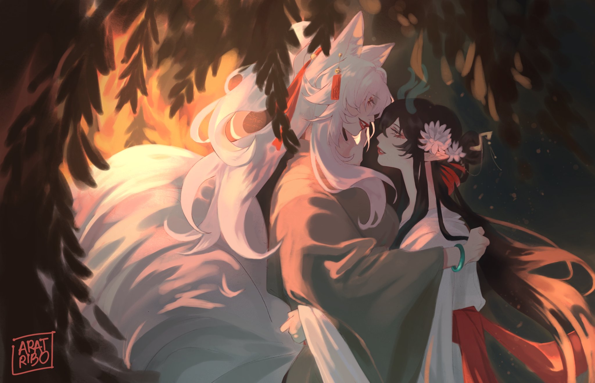 this is a digital painting of an anime couple in a forest. the female on the left is wearing a white and pink kimono with long white hair. she is holding the other female on the right, who has long black hair and is wearing a white and black dress with a red sash. they are both looking at each other and seem to be kissing. the background is a dark forest with trees and leaves.  the painting is in a style that is often seen in japanese anime and manga.