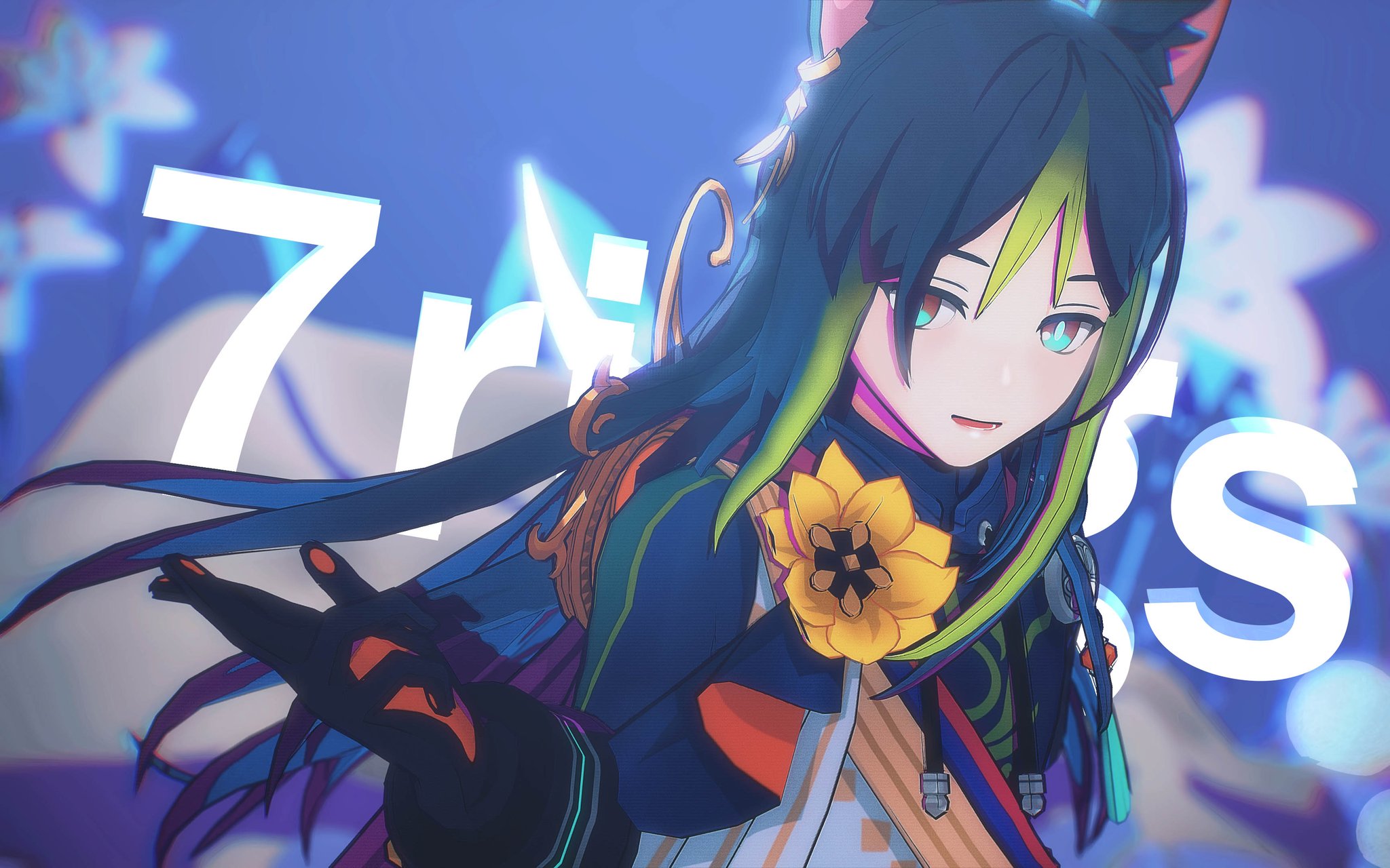 a digital illustration of a young woman with long blue and green hair, and bright blue eyes. she has a sunflower pinned to her chest and a big smile.  she is looking at the camera with a playful expression. her pose is dynamic and she is surrounded by bright colors.