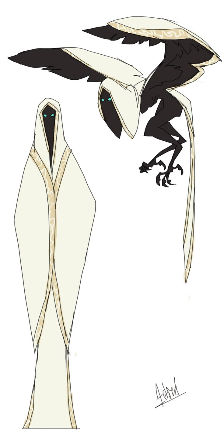 the image features two fantasy figures in an illustration style. on the left, there is a cloaked figure in a long white robe with a hood obscuring the face, with a light beige pattern down the middle of the robe. on the right, there is a birdlike creature with white and black feathers, and similar light beige ornamentation on its wings. the creature has two dark blue spots for eyes. the artwork is on a white background with a signature visible in the lower right corner.