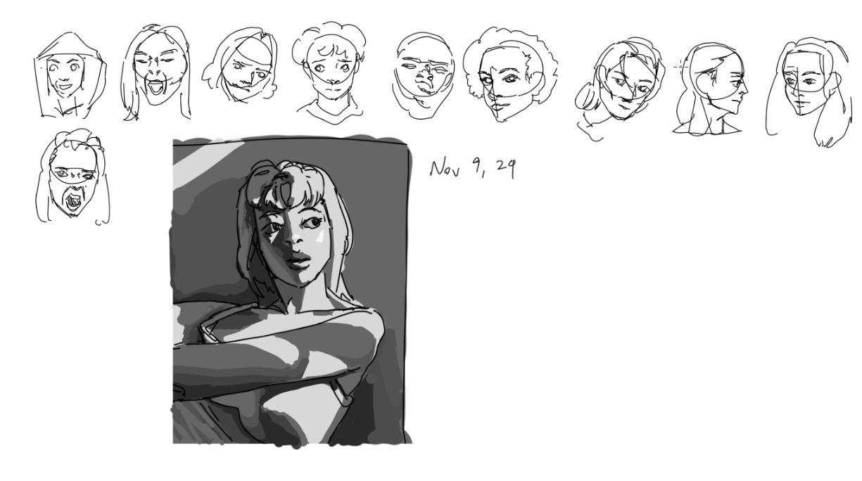 his image contains a collection of quick sketches and studies of faces and figures, primarily focused on heads and expressions.  the top row shows a series of varied facial expressions in quick line sketches.  the left column showcases more detailed head sketches, including one that appears to be in a state of shouting. the central part of the image is dominated by a more developed and shaded drawing of a woman, seemingly rendered in grayscale, capturing light and shadow across her face and body. the sketches appear to be informal practice work, and "nov 9, 29" is written in the image, likely indicating the date of creation. the style is loose and expressive, with the focus on capturing the essence of the subject's character and expression rather than perfect anatomical accuracy.