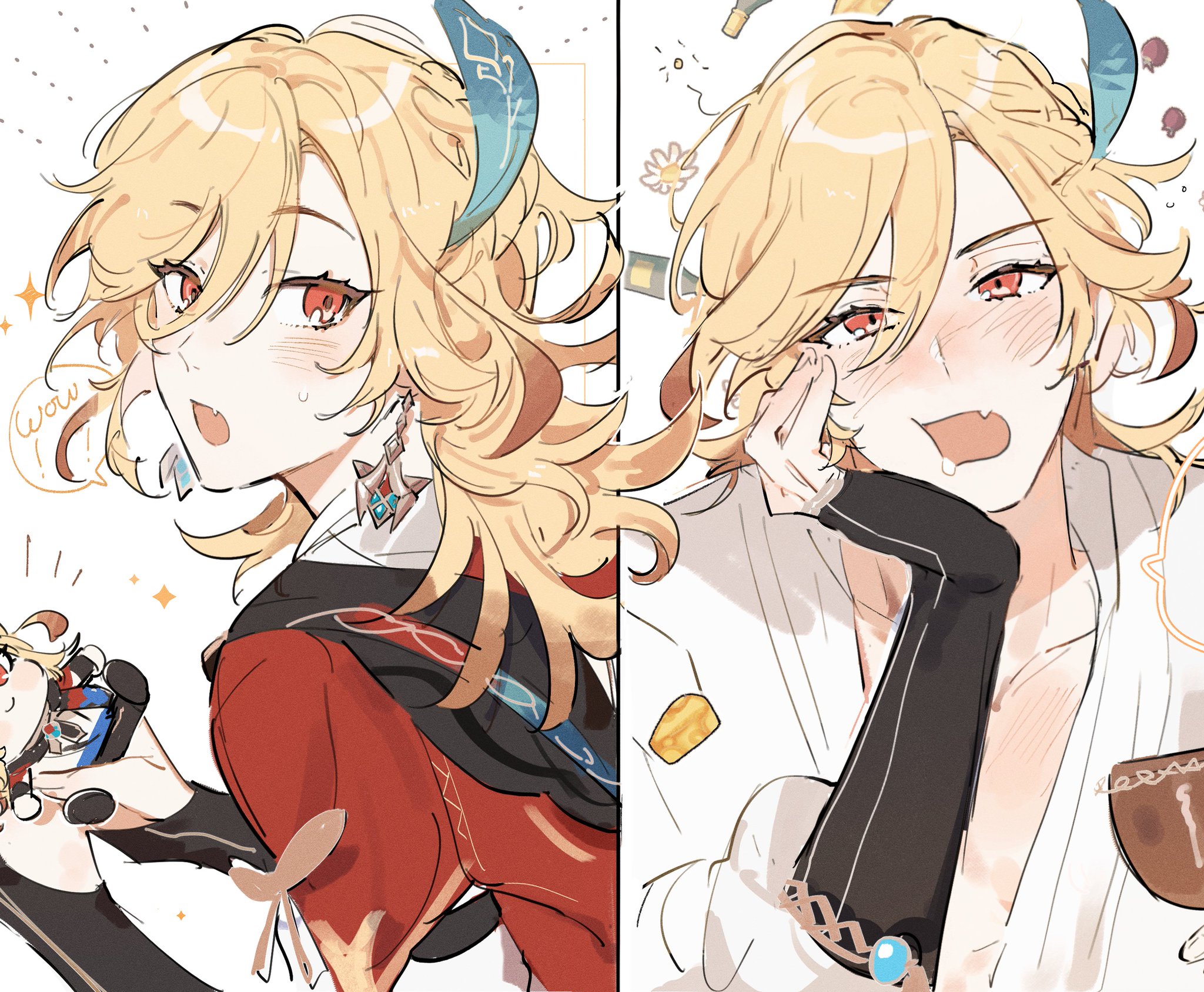 the image features two anime boys, one on the left and one on the right. they are both smiling and blushing. the boy on the left is wearing a red and black outfit, while the boy on the right is wearing a white outfit. both boys have long blonde hair and blue eyes. the image is drawn in a very cute and charming style. the backgrounds of both sides are different and white. the boys seem to be interacting with each other.