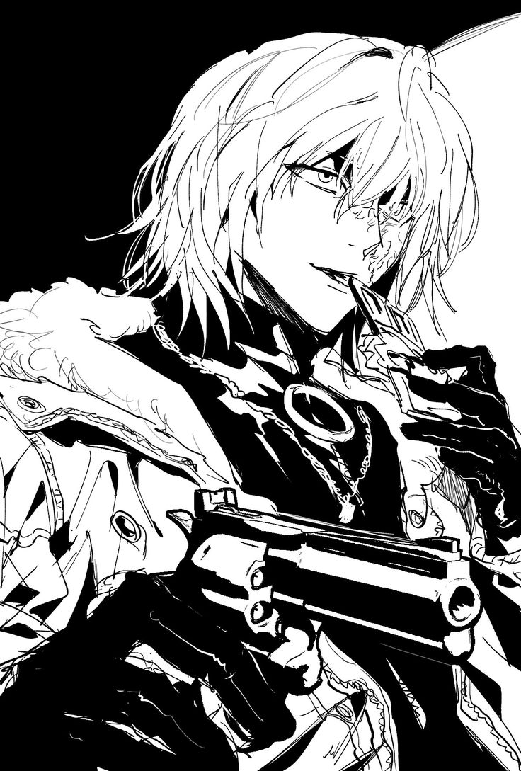 the image is a black and white illustration of an animestyle male character. he has long, messy hair and is wearing a jacket with fur trim. he holds a revolver in his hands, and his expression is serious and intense. the style is dark and edgy, with heavy use of shading and contrast. the background is mostly black, focusing attention on the character. the drawing style is detailed and expressive.