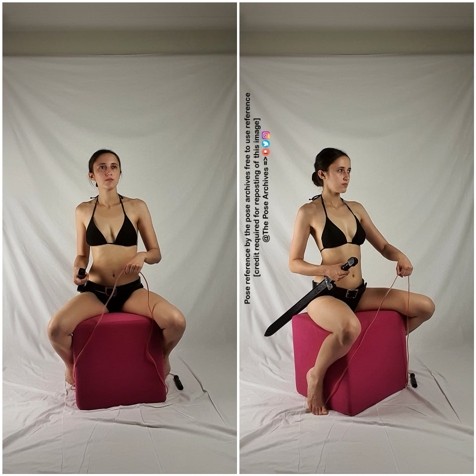 the image shows a young woman in a black bikini posing in two different stances against a plain white background. in the left image, she holds a jump rope and sits with her legs apart on a pink cube. in the right image, she holds a sword in her right hand and rests her left hand on a pink cube, with one leg bent and the other extended. the lighting is even and artificial, creating a neutral atmosphere. the overall composition is simple and focused on showcasing the poses for artistic reference.