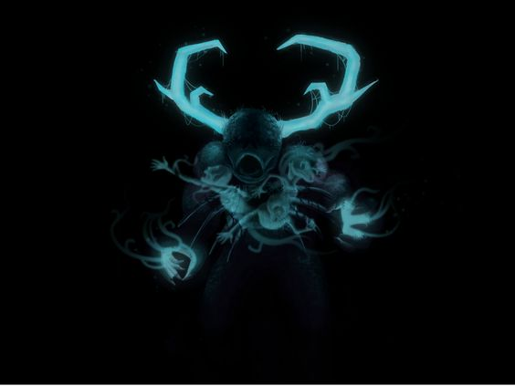 a shadowy, monstrous figure with glowing cyan antlers and ethereal energy emanating from its body. it appears to be holding several smaller creatures, possibly spirits or souls, within its chest. the figure is set against a pitchblack background, further emphasizing its eerie glow.