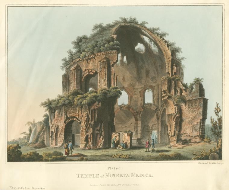 a color image depicts the temple of minerva medica ruins in a landscape. the architecture shows a large dome structure with missing sections and overgrown vegetation. people are standing or sitting near the ruins, while the surrounding landscape includes trees and other vegetation. the image also features the inscription "templesroman" and "plate 8. temple of minerva medica." at the bottom of the image.