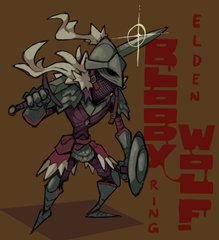a stylized character design of the bloody wolf from the video game elden ring. the character, heavily armored, brandishes a sword and shield. the art style is cartoonlike with exaggerated features. the background is a dark brown with the words "elden ring bloody wolf" inscribed vertically.
