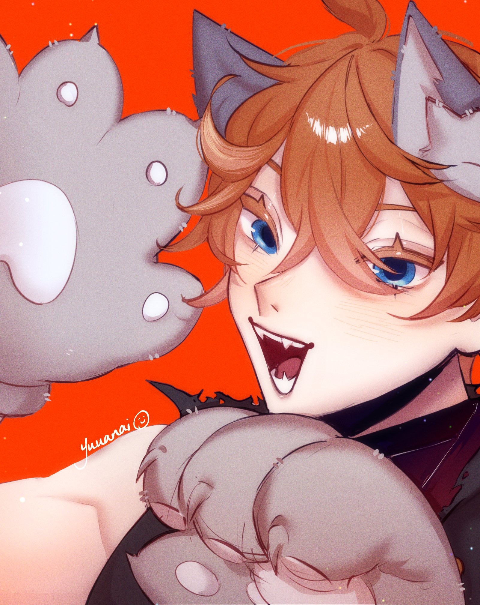 this image is a digital illustration of an anime boy with cat ears and wolf ears. he is smiling with his fangs showing. he is holding a gray paw in his hands. the background is orange.