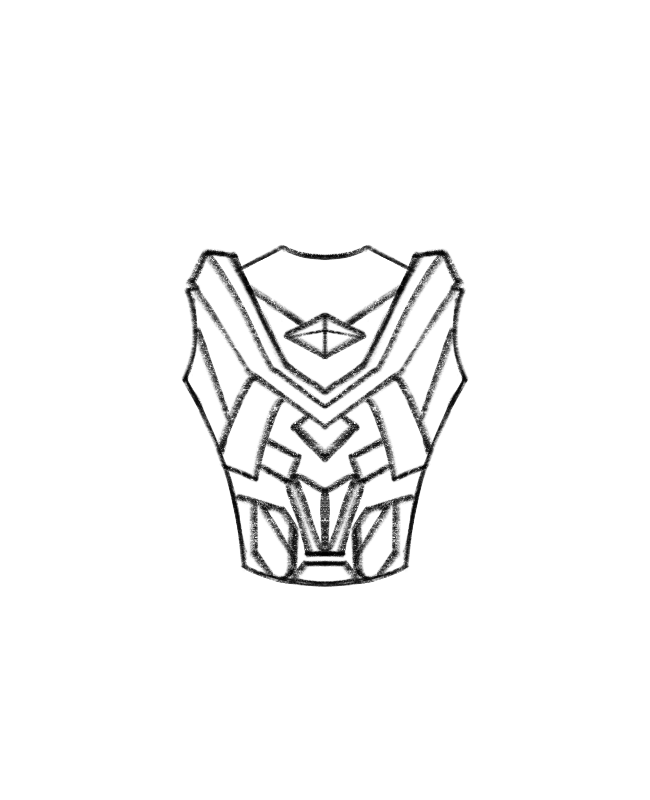 a line drawing of a futuristiclooking chest plate or body armor. the design is geometric and somewhat angular. the sketch is done in a rough, handdrawn style.