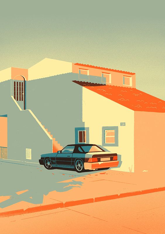 a digital illustration depicting a vintage car parked on a sidewalk in front of a twostory house. the scene is done in a retro 80s or 90s style, with bold colors and geometric shapes. the car is facing away from the viewer, and the house is rendered in a flat style with a minimalist design. the street and sidewalk are depicted in shades of orange, while the house is a mix of yellow, orange, and blue. the car is black with blue accents, and it sits slightly on the curb, implying that the car is parked. the house is two stories and has a few windows visible, with a flat roof and a couple of antennas atop.