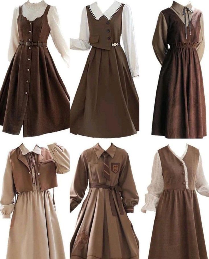 a collection of six different brown dresses, all featuring a similar vintage or cottagecore aesthetic. they are shown on invisible mannequins in front of a white background.