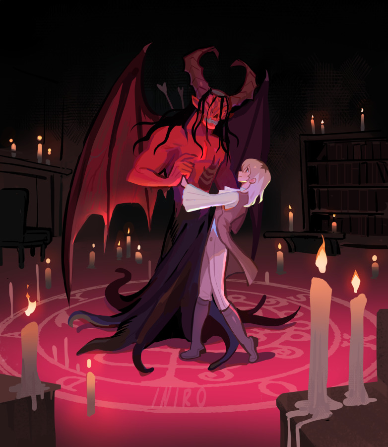 a demon with large red wings, horns, and clawed hands stands within a candlelit summoning circle, embracing a young woman in white. they appear to be dancing. the environment is dark, suggestive of a library or study at night, with bookshelves visible in the background. the lighting is provided solely by the many candles, casting warm, romantic hues across the scene. the perspective is from an eyelevel viewpoint, placing the viewer as an observer of this intimate moment.