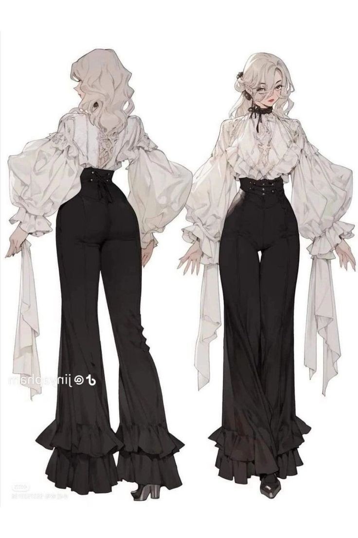 the image shows two depictions of a fictional anime character in the same outfit, from a front and back view. the character has blonde, wavy hair, glasses, and wears earrings. she's dressed in a white blouse with ruffles at the neckline and puffy, long bell sleeves. the blouse is paired with highwaisted black pants that are laced up at the waist. the pants have ruffles at the bottom and are worn with black heels.