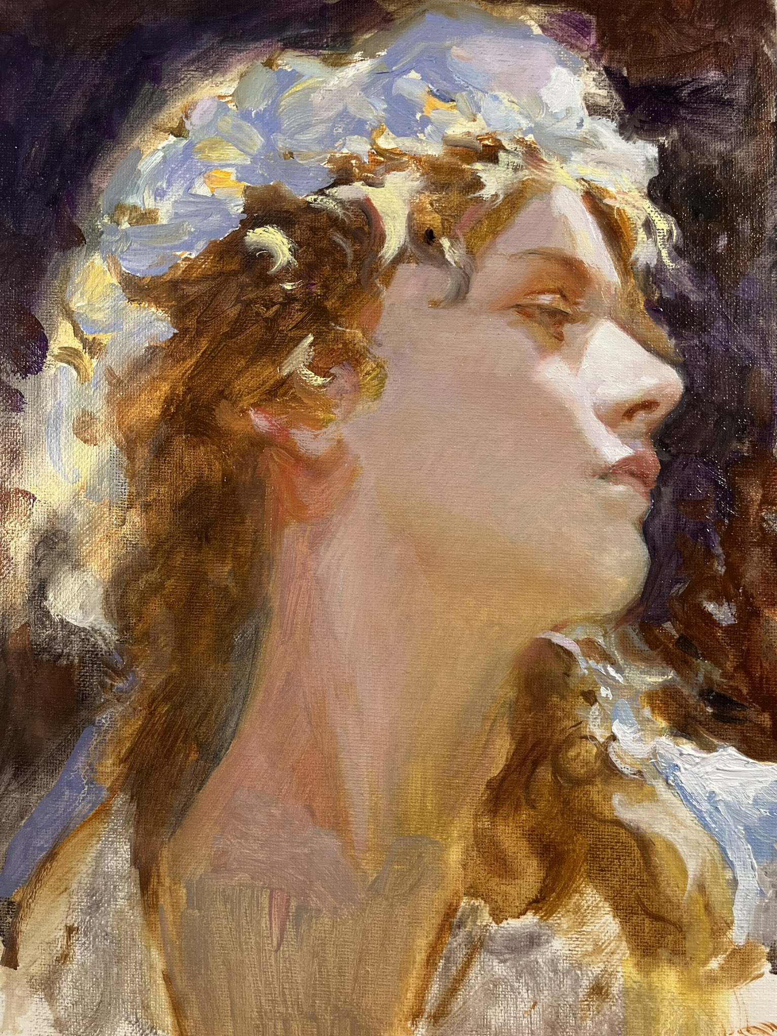 this oil painting portrays a woman's profile, seemingly lost in thought. she is adorned with a white and blue floral wreath that crowns her head, and her soft, curly hair cascades down her shoulders. the woman's face is bathed in soft light, highlighting her delicate features and wistful expression. the background is a muted purple and brown, creating a sense of depth and mystery. the artist's brushstrokes are visible, adding texture and a sense of movement to the painting. overall, the piece evokes a romantic and dreamy mood, capturing a fleeting moment of contemplation.