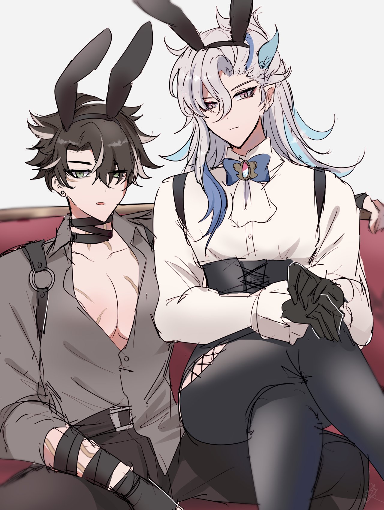 this is an animestyle illustration of two boys, one with black hair and the other with white hair, both in cosplay outfits. the blackhaired boy is wearing a black and grey outfit with bunny ears, while the whitehaired boy is in a white outfit with a black corset and bunny ears. they are sitting together on a red couch, and both are looking at the viewer with smiles on their faces.