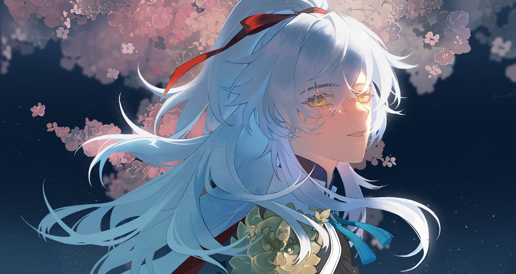 he image is a digital painting of an animestyle girl with long, flowing white hair.  she has a red ribbon tied in her hair and wears what seems to be a blue and goldtrimmed outfit. her eyes are a striking yellow. she is positioned slightly in profile, looking off to the side with a calm expression. she is surrounded by softly rendered pink cherry blossoms, giving the piece a dreamy, ethereal feel. the art style is clean and smooth, with a focus on soft lighting and color blending.  the overall aesthetic is beautiful and suggestive of a fantasy setting or character design, perhaps inspired by japanese art and aesthetics.  the quality is that of professional digital art.