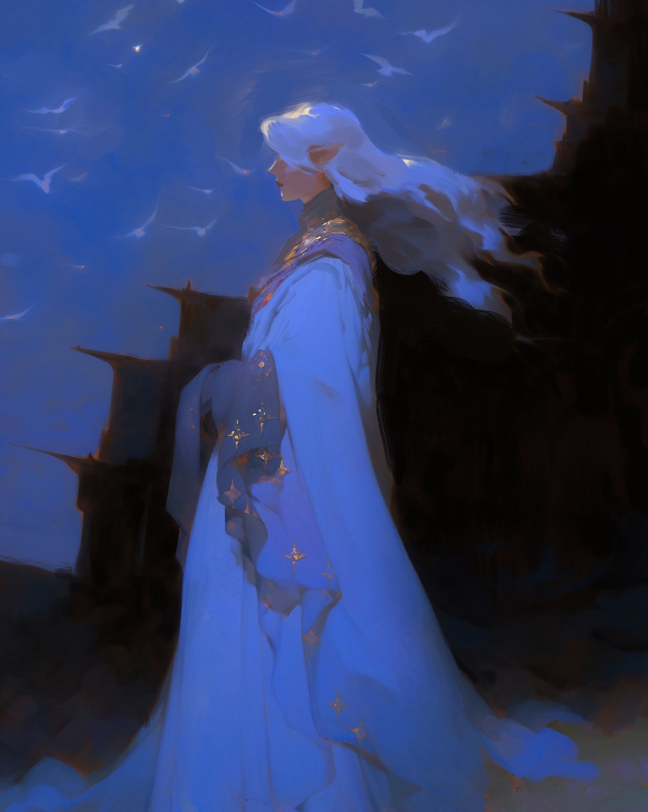 a woman in a long blue gown stands silhouetted against a dark background. she has long, flowing white hair that almost reaches the ground. she is wearing a longsleeved gown with a star pattern, and she has a long train flowing behind her. she is standing in a night sky filled with stars. the woman looks beautiful and ethereal.