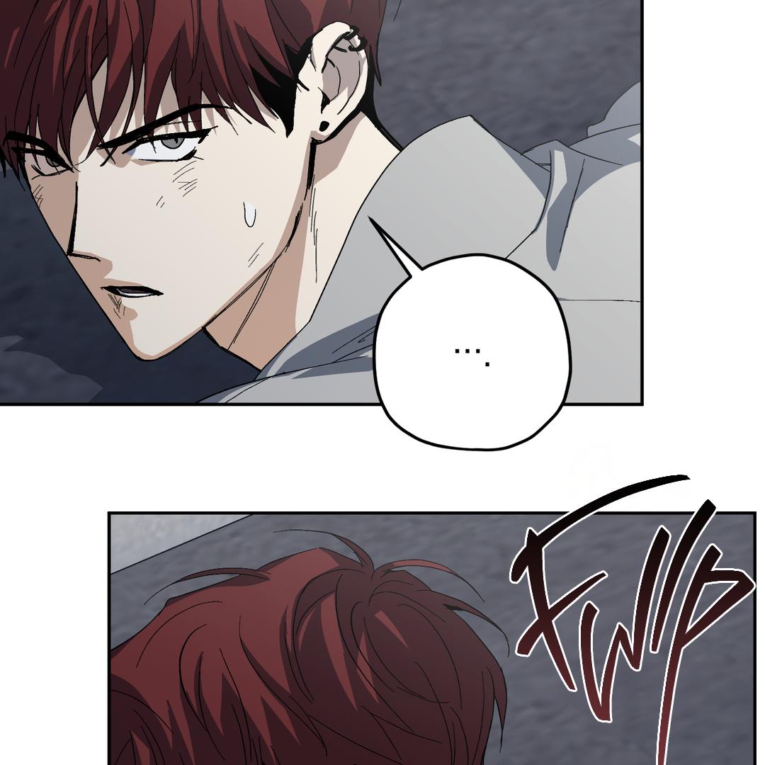 the image shows two panels from a manhwa (korean comic) or similar style graphic novel. the first panel features a closeup of a young man with red hair, slightly disheveled, and an intense, almost angry expression. he's wearing a lightgrey shirt, and has an earring. a thought bubble with ellipses suggests internal thought. the second panel shows the top of the same character's head, possibly implying a quick action or movement. a sound effect "fwip" is drawn dynamically, suggesting a swift action. the overall style is dark and suspenseful, emphasizing the character's emotion and the narrative's intensity.