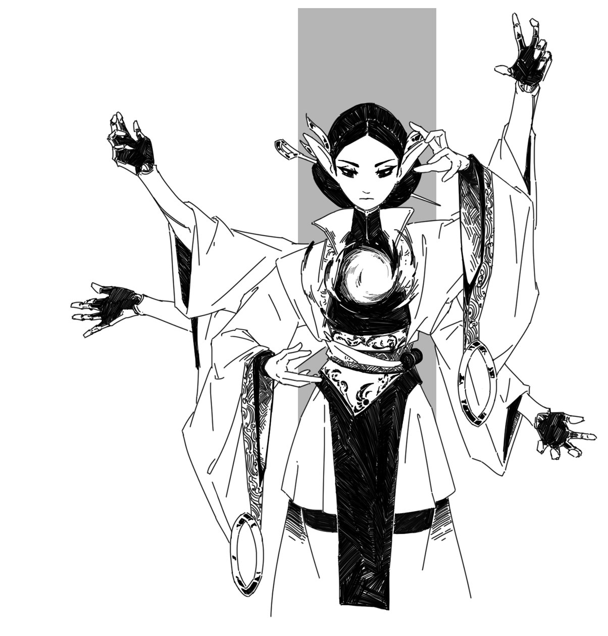 the image is a black and white illustration of a fantasy woman, possibly an elf, with multiple arms. she appears to be casting a spell, holding a crystal ball in her center torso. she is wearing an ornate robe with intricate details, and her expression is serious and focused. the style is reminiscent of anime or manga, with a focus on line work and shading.  the background is simple, allowing the figure to be the focal point. the overall impression is one of magic and power.