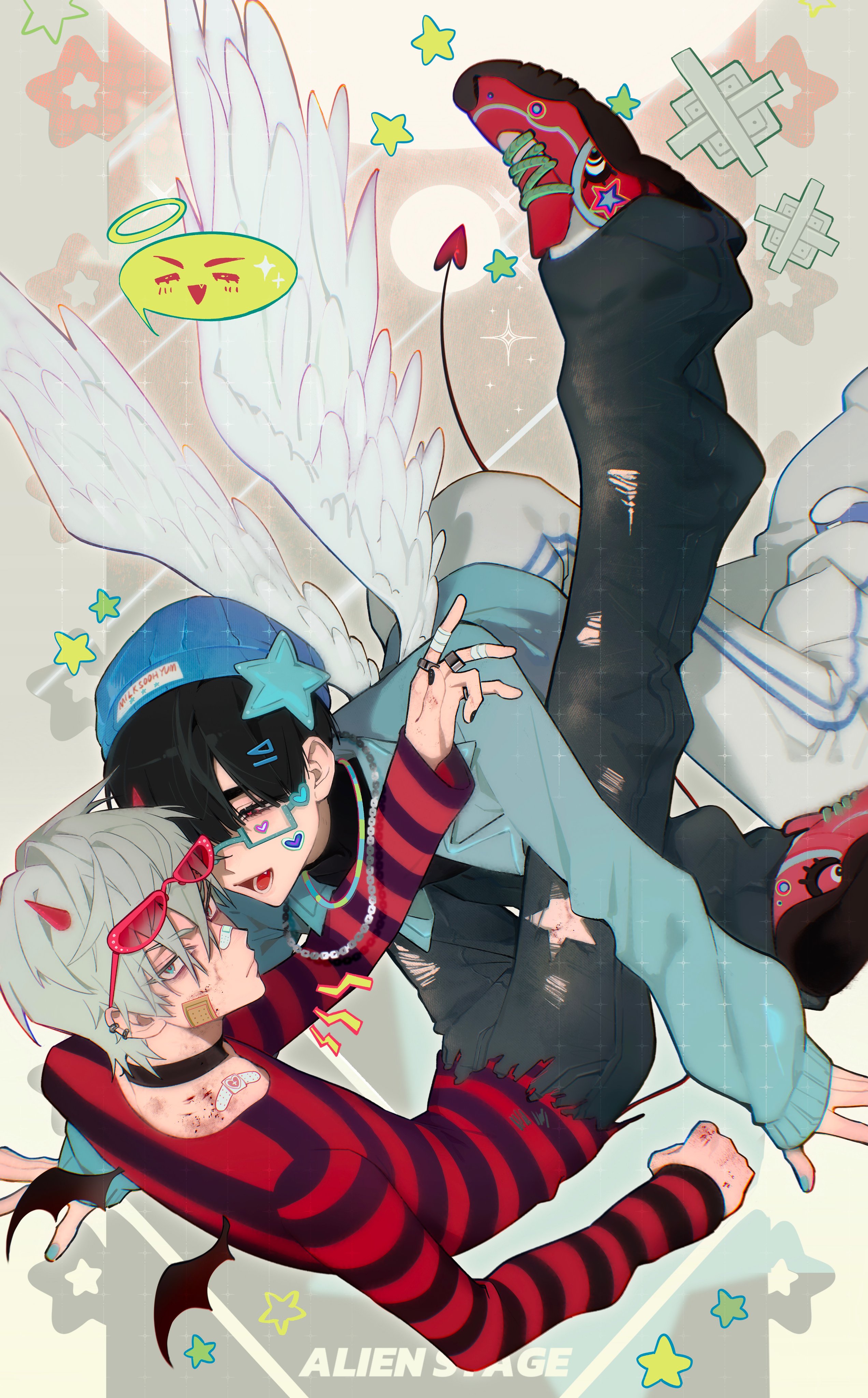 this anime illustration features two teen boys. one boy is dressed as an angel, wearing a blue and white jacket and white angel wings. the other boy is dressed as a devil, wearing a red and black striped outfit and black horns. both boys look very happy and are holding each other close, suggesting a close friendship. the background is a colorful abstract design with stars and hearts. the overall theme of the illustration is love, friendship, and the embrace of unique identities.