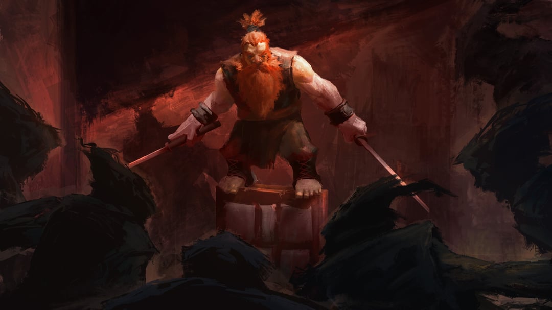 a large, muscular humanoid figure with orange skin and hair, wielding two swords, stands atop a wooden crate in a dark and shadowy environment. he is surrounded by smaller, indistinct figures who appear to be his enemies. the lighting is dramatic and emphasizes the figure's strength and power, casting him in a menacing light.