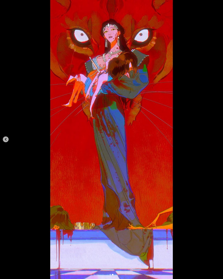 this is a digital illustration in anime style.  a woman,  standing in a bloody pool, is holding a dead girl in her arms. the woman is wearing a long, flowing dress with a red sash. her eyes are wide and fearful. the background is a red, blurred image of a tiger's face. the entire scene is very dark and bloody.