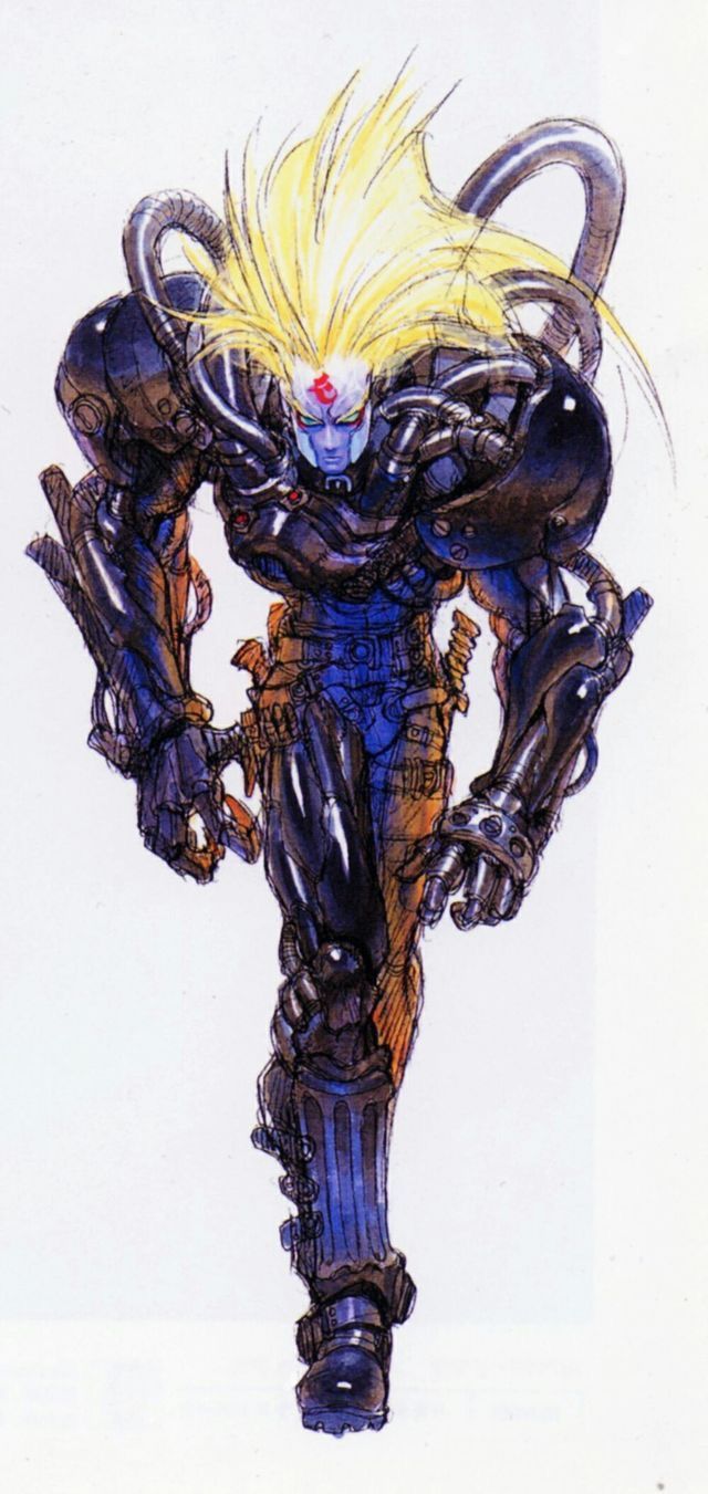 a cyborg warrior with blonde hair and black and blue armor is depicted in a futuristic, scifi illustration. the cyborg is armed with weapons and mechanical gear, showcasing a blend of organic and robotic elements. the illustration captures the character's dynamic stance and powerful presence.