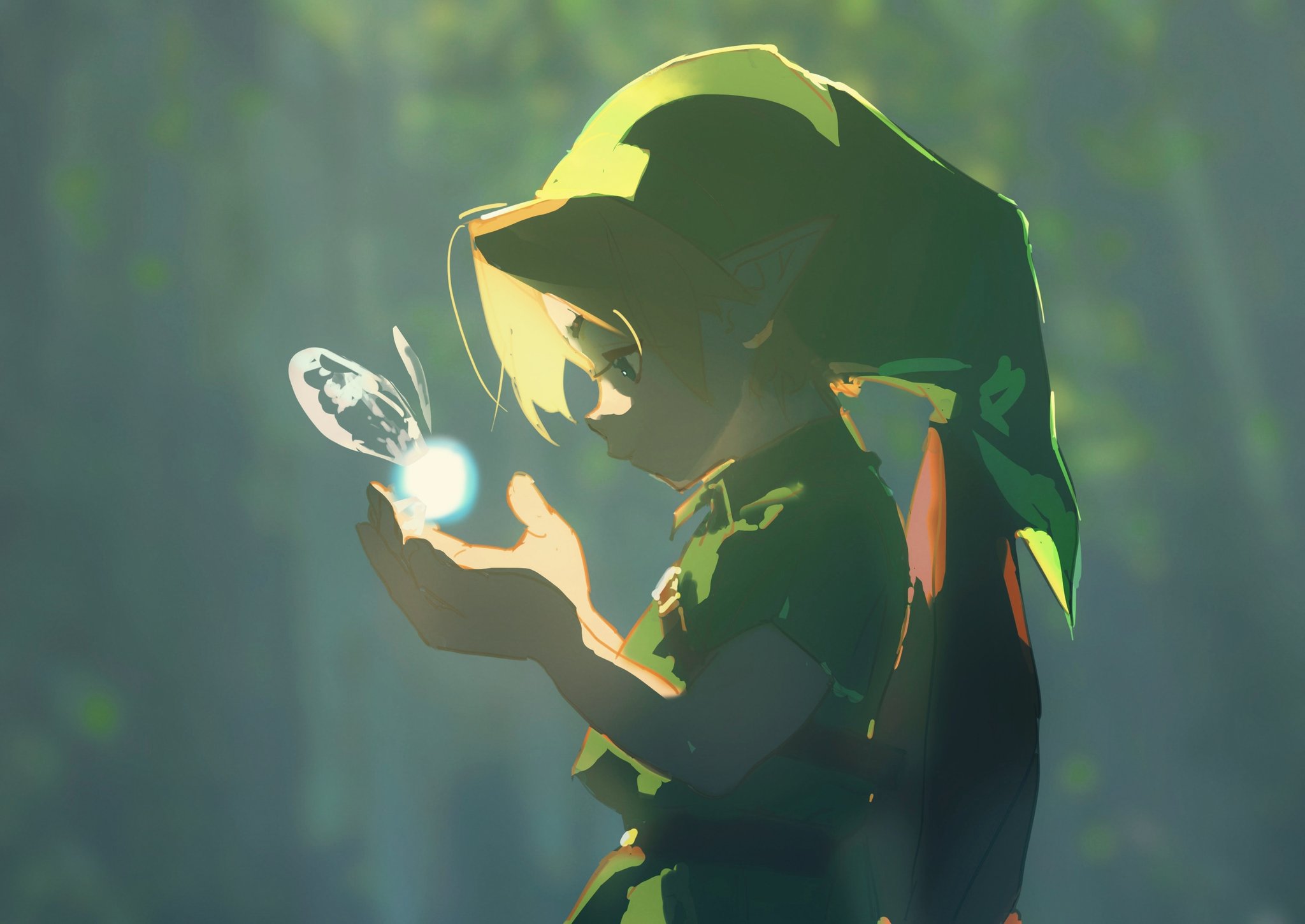 a character from the legend of zelda video game series is shown holding a glowing fairy in their hands. the character, link, appears to be from ocarina of time as their clothing design is very similar. the background is out of focus, green, and shows hints of leaves and other natural elements, suggesting a forest setting. the overall aesthetic is a combination of anime and cartoon art, with a sense of fantasy and adventure.