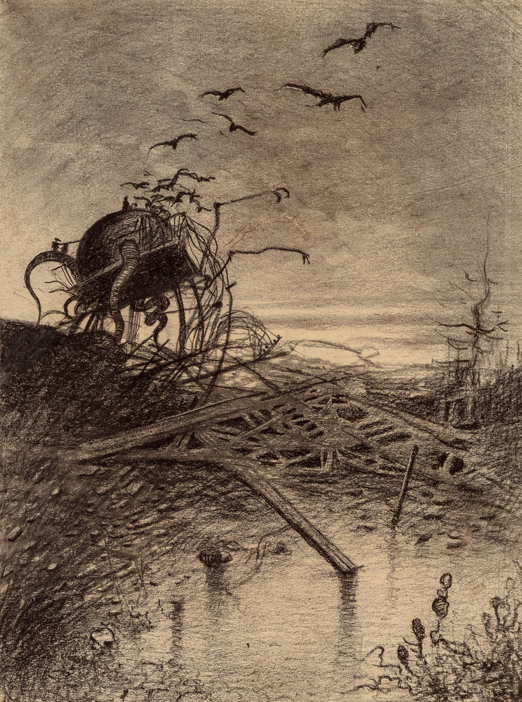 the image depicts a desolate, postapocalyptic scene. a towering war machine, resembling a mechanical tripod with a spherical body, stands amidst the wreckage of a battlefield. crows circle ominously in the sky above. the lighting is low and overcast, casting an eerie pallor over the scene. the foreground is littered with debris and puddles of water, hinting at the scale of the destruction. the overall mood is one of despair and desolation.