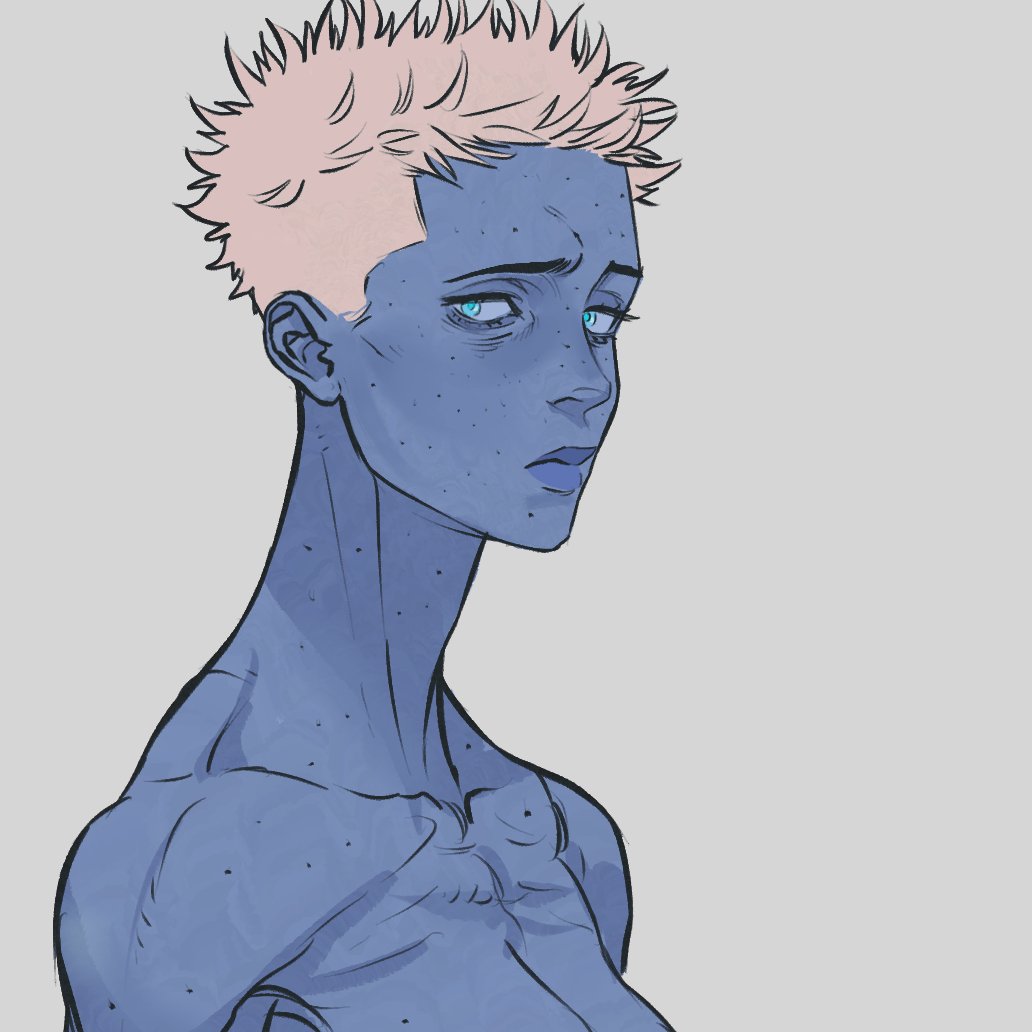 illustration of a blueskinned female with short, spiky pink hair, light blue eyes, and freckles. the portrait focuses on her serious expression and the upper part of her body. the style resembles a comic book illustration with distinct linework.