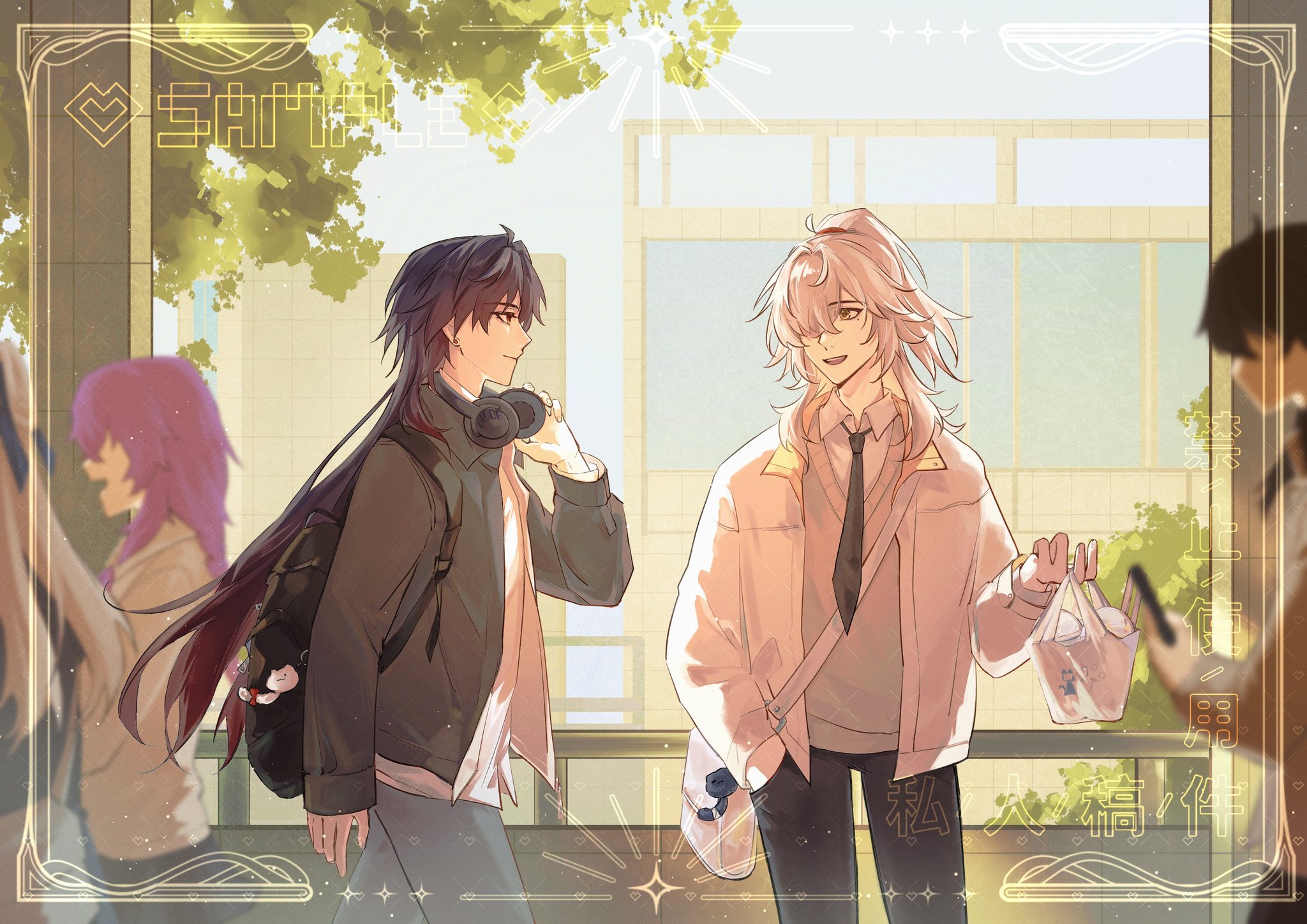two young men in anime style are walking on a street in front of a building. one is wearing a jacket and headphones while the other is wearing a light jacket. the one wearing headphones has black hair and is smiling, while the other has white hair and is smiling as well. they seem like close friends.