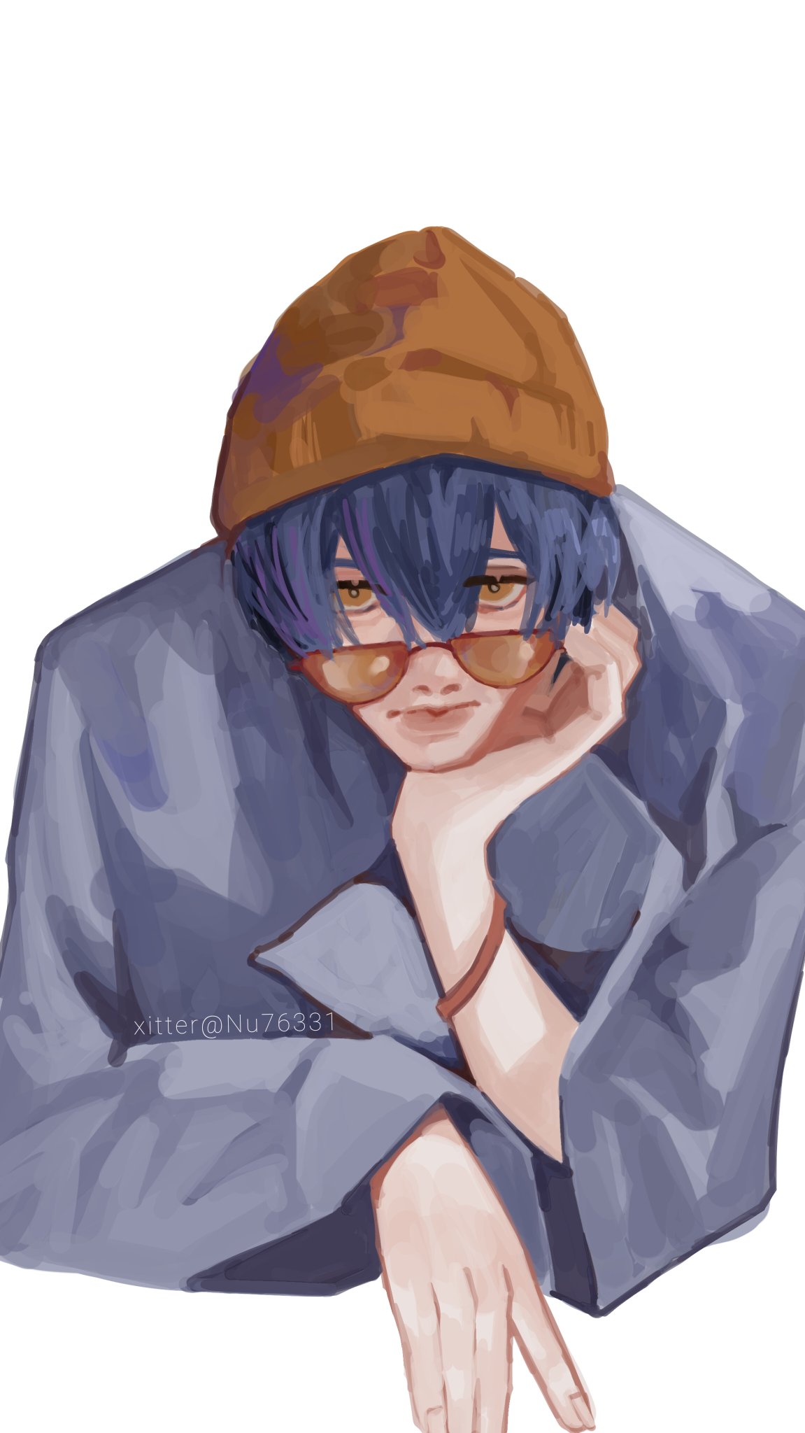 a digital illustration of a young anime boy with blue hair, wearing a brown beanie, sunglasses, a blue jacket, and sitting with his hand on his face, while looking off to the side. the background is white.