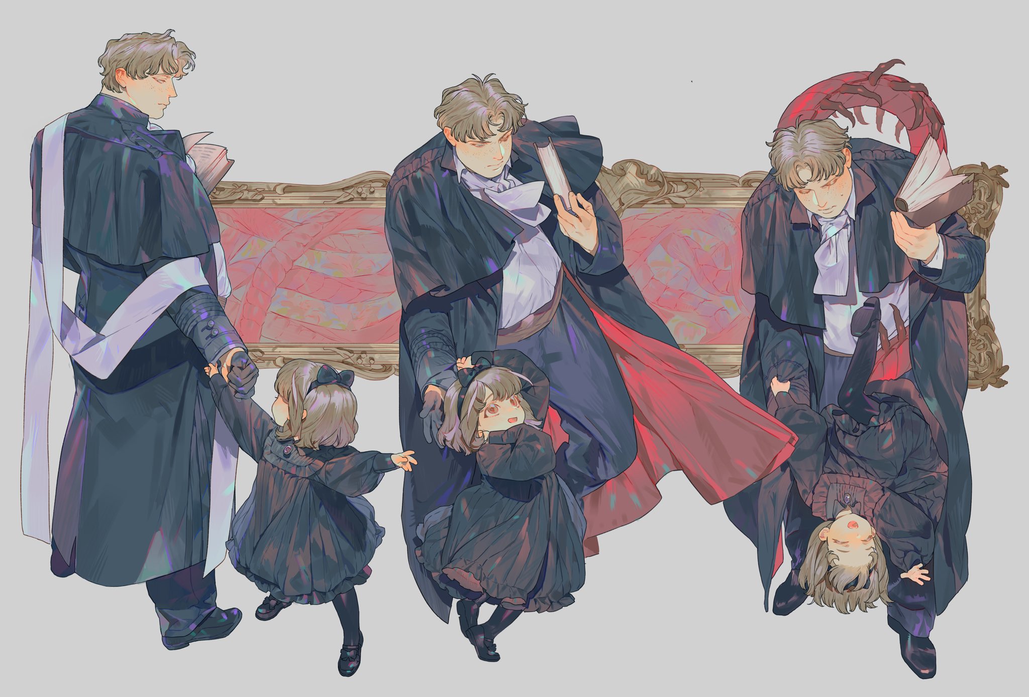the artwork shows a man in a dark coat with a book, depicted in three poses with a young girl in a dark dress. in the first pose, he holds the girl's hand while wearing a white stole and standing in front of a framed painting. in the second, he holds the girl in his arms while his cape flows with a red lining. in the third pose, he holds the girl upside down. behind him is a decorative frame with what appears to be some kind of strange creature emerging from behind. all of the poses show a progression of the bond between the man and the girl.