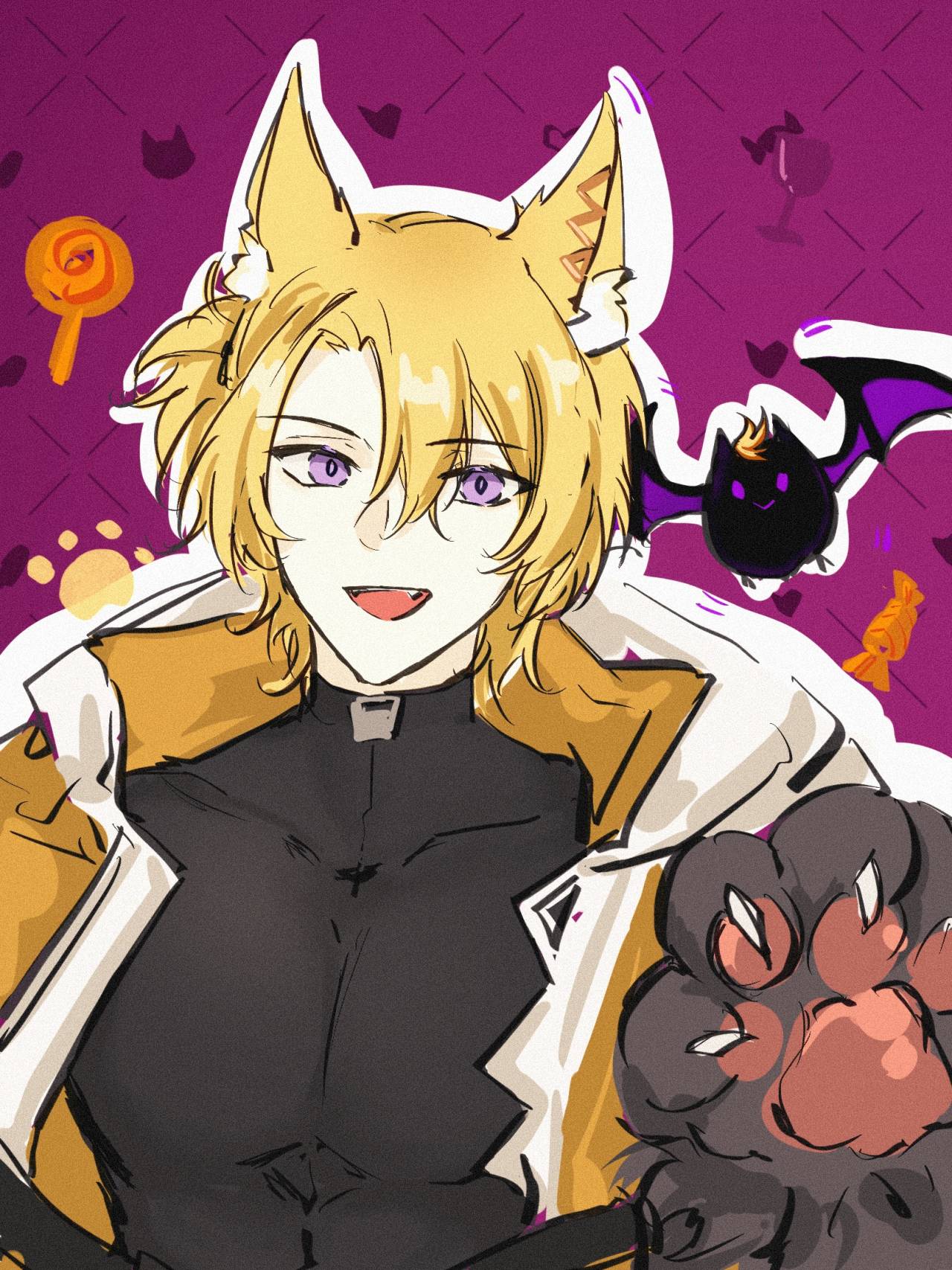 a digital drawing of an anime boy dressed in a cat costume for halloween. he has yellow cat ears on his head, a black and white coat, and a giant paw sticking out from his sleeve. he is smiling with his tongue sticking out. there is a bat in the background, candy, and other halloween decorations.  the image is colorful and drawn in a stylized cartoon style.