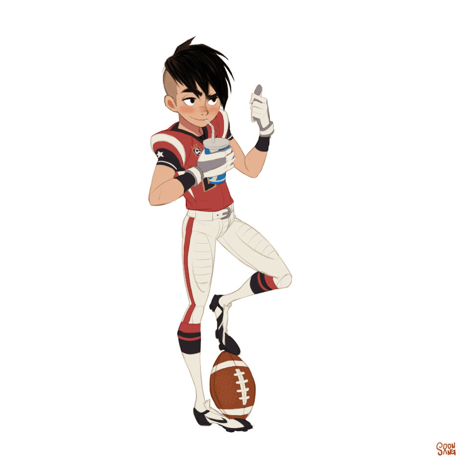 the illustration features a young man in a stylized football uniform, striking a confident pose. he's leaning against a football, holding a drink, and giving a thumbsup. his expression is one of smug satisfaction.