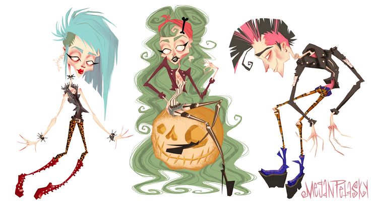the image is an illustration featuring three punk/gothstyle characters with exaggerated features and skeletal elements. on the left is a female character with blue hair, a black spiky top, leopard print pants, and spiky red boots. in the middle is a female character with long green hair, sitting on a carved pumpkin. on the right is a male character with a black and pink mohawk, a black jacket, plaid pants, and large blue platform boots. the overall style is cartoonish and gothic with a halloween theme.