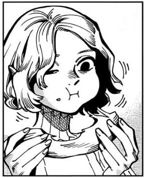 the image is a closeup panel from a manga or anime, featuring a young girl with short, boblike hair. she has a cheerful, slightly mischievous expression as she's eating a snack or piece of food. she's wearing a scarf or collar around her neck. the art style is characteristic of manga, using clear lines and black and white shading. the girl's features are slightly exaggerated and chibilike, giving her a cute appearance. the overall mood of the image is lighthearted and playful.
