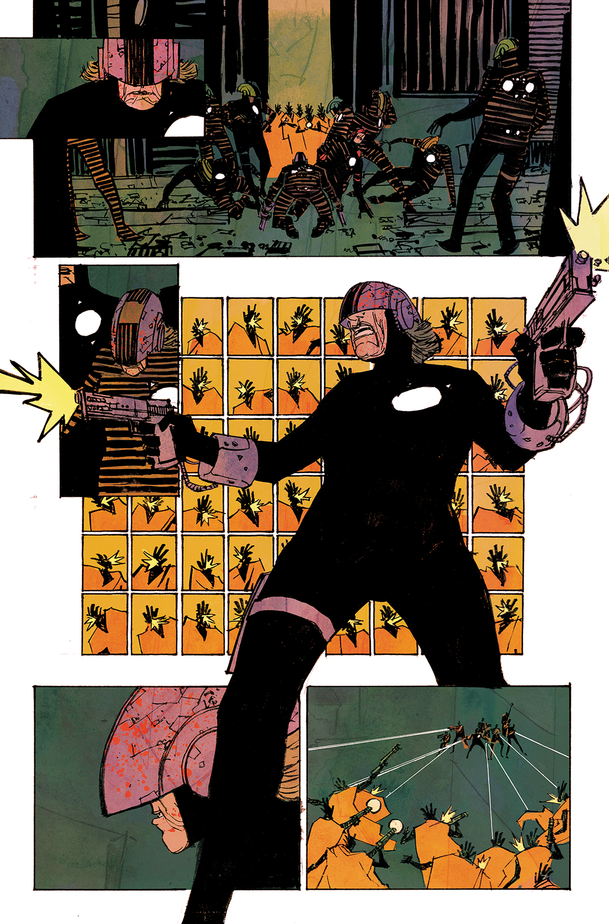 this is a comic book panel. the image is set in a dark, futuristic city. there is a large, armored figure in the foreground holding a gun and firing it. they are surrounded by smaller figures. the image is full of action and violence. the art style is dark and gritty, with bold lines and strong shadows.