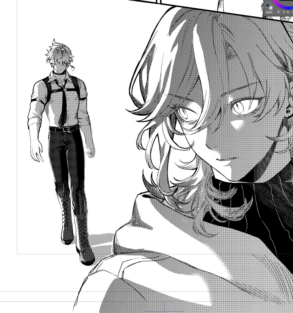 the image is a black and white drawing of an anime scene. a young woman with long hair is looking at a young man with short hair. she is standing in the foreground, and he is standing in the background. the woman has a serious expression, and the man looks surprised.  the woman is wearing a sweater, and the man is wearing a buttondown shirt, tie, and pants. both are looking at each other with a serious expression. the image is drawn in black and white, and the style is typical of manga art.