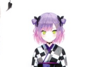 this is a digital illustration of an anime girl from the shoulders up. she has short purple hair, yellow eyes, and is wearing a black and white checkered kimono top with purple accents.
