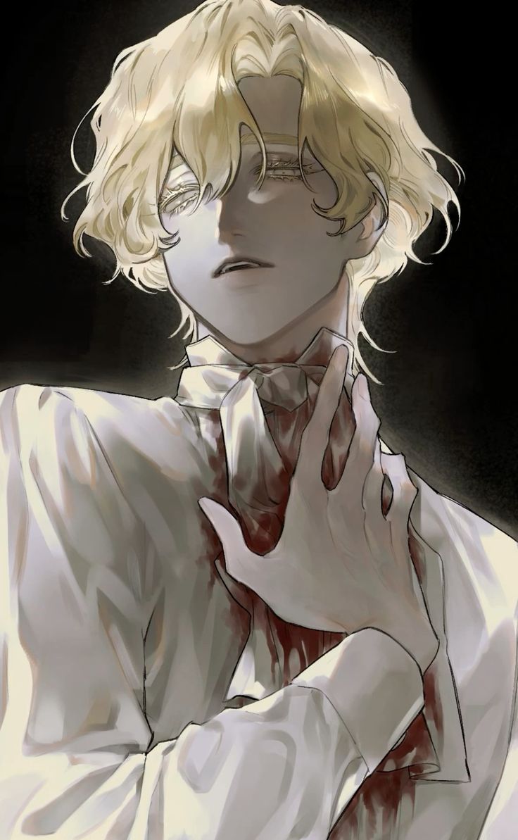 the image is a stylized digital painting or illustration in the anime/manga style. it depicts a young man with shoulderlength, light blond, curly hair. he has pale skin and is dressed in a crisp white formal shirt with a bow tie. his eyes are partially obscured, and he has what looks like blood staining his shirt around his neck and chest area. his hand is placed over his chest, possibly indicating injury or selfharm. the background is dark, drawing focus to the figure. the overall mood is dramatic and somber, evoking feelings of pain, sorrow, or mystery. the style is artistic and aesthetically pleasing, with attention to detail in the shading and texture.