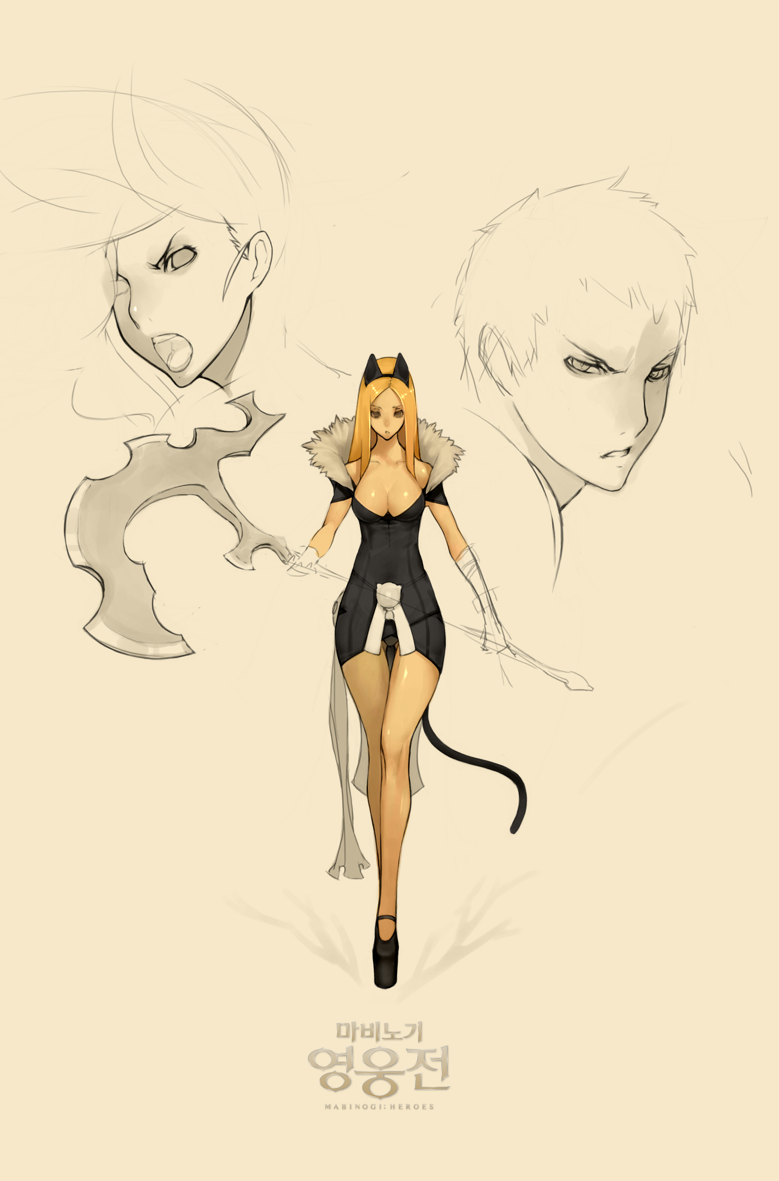 a digital sketch of a female character design. she appears to be a warrior with catlike features, such as cat ears and a tail. she is wearing a black and white dress with thighhigh boots. she is holding a large axe in her right hand. the background is a light cream color. there are two sketches of faces, a man and a woman, above her shoulders.  the text below the character is in korean.