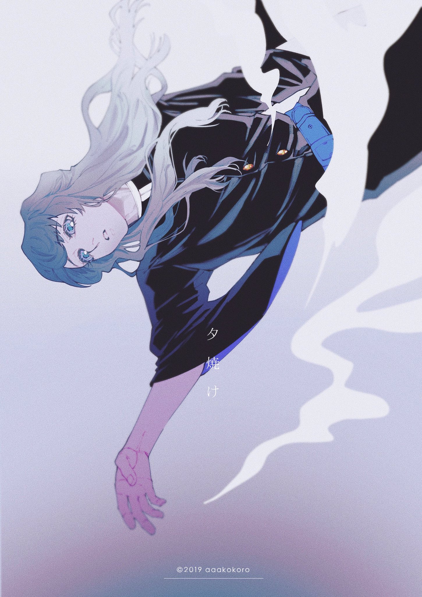 the image shows a stylized drawing of a young man with long, flowing hair, falling against a white background. he is wearing a dark uniform with blue accents, suggesting movement in his clothing.  the art style is reminiscent of japanese anime and manga.  his expression is serene with a hint of melancholy.  the overall impression is one of ethereal beauty and graceful action. the text on the image is japanese and translates to "muichiro."
