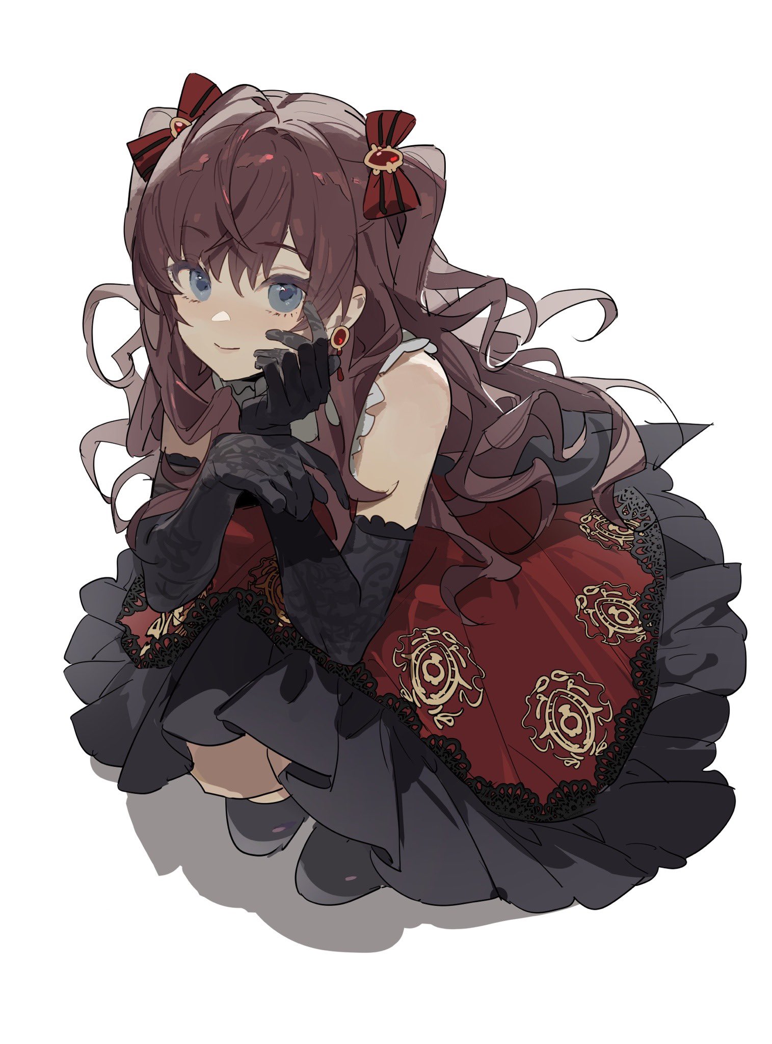 the image is a digital illustration of a young animestyle girl. she has long, wavy brown hair adorned with two red bows. she's wearing a darkcolored, slightly gothicstyle dress with a striking red underdress featuring gold ornate detailing and lace trim.  the girl is wearing long black gloves and appears to be sitting, looking slightly down and to the side. she has a gentle expression and a light blush on her cheeks, giving her a cute and somewhat shy demeanor. the art style is soft and detailed, with attention paid to the texture of the clothing and hair. the overall aesthetic is a blend of cute and slightly mysterious.