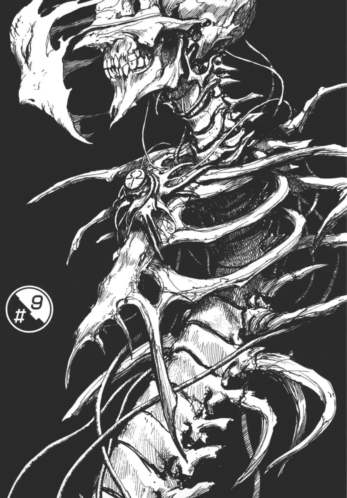the image is a black and white drawing of a skeletal torso with a skull head. the skull's jaw is open, and its eye sockets are empty. the ribs are splayed outward, and the spine is visible. the bones are connected by wires and cables. the number 9 is printed in white on a black circle in the lower left corner of the image.