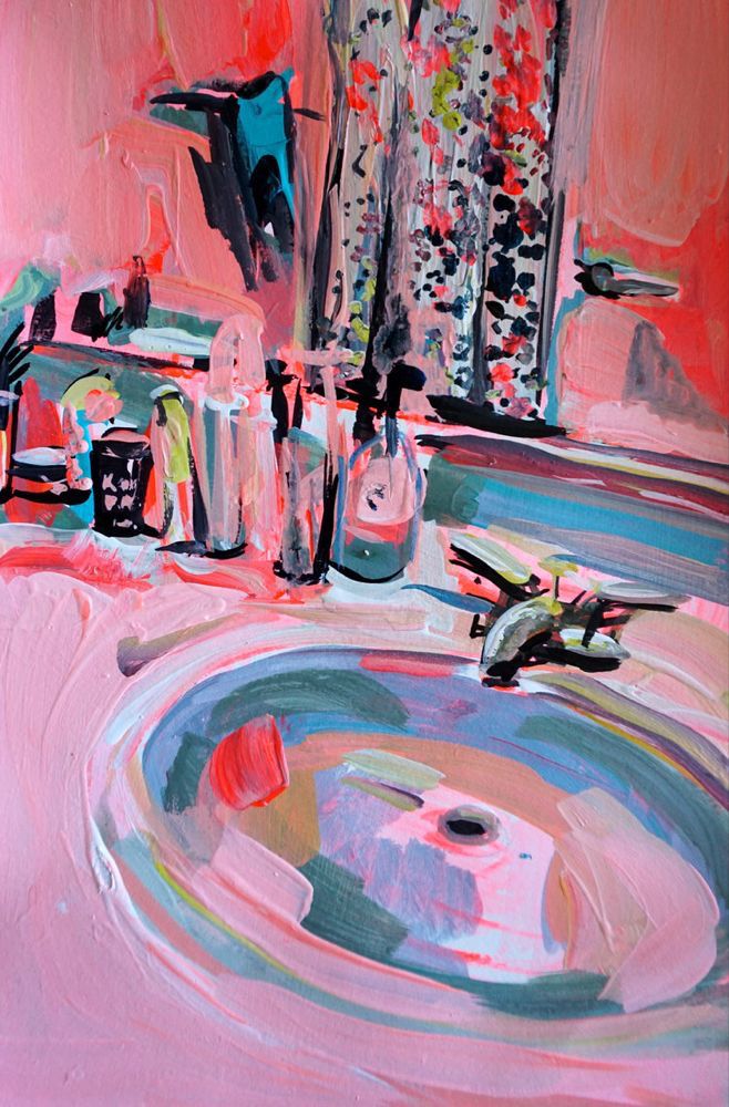 this is an abstract painting of a bathroom sink. the sink is painted in pink, blue, and green with a white rim. the faucet is visible and a few bottles of soap are on the countertop. the background is a vibrant pink with black and white brushstrokes that resemble fabric or a patterned wall. the entire painting is abstract and energetic.